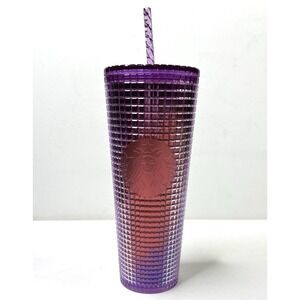 Starbucks Tumbler 2021 Pink Purple Metallic Grid Limited Edition 24 Oz